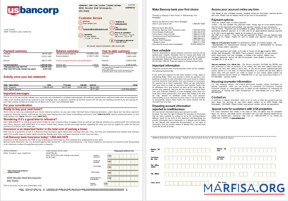 Downloadable USA Bancorp bank mortgage statement in Word and PDF formats, 2 pages template